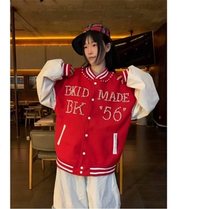 外套2025新款春季小狗刺绣宽松棒球服红色短款夹克女装W6443-P78