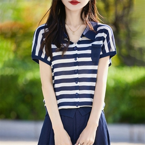 POLO领短袖T女开衫条纹撞色天丝亚麻针织衫宽松新款时尚飞袖上衣图片