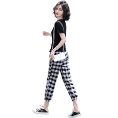 2021夏季时尚潮流修身格子裤纯色T穿着舒适清凉休闲两件套，女装连衣裙，奋斗女王
