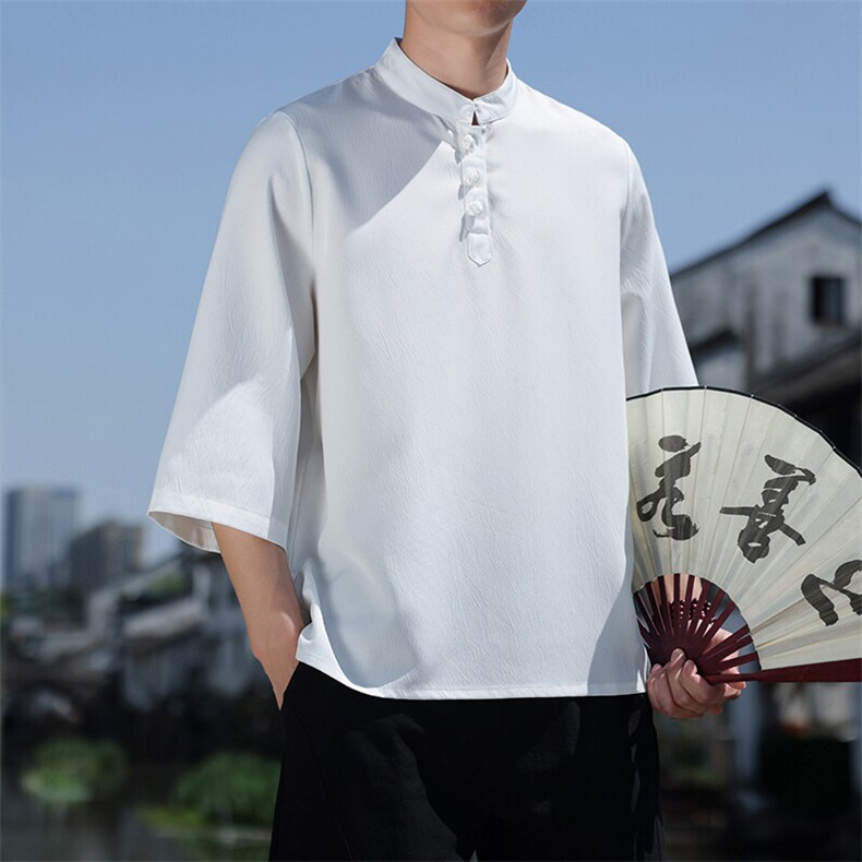 2025新款夏季风纯色立领上衣盘扣休闲T恤宽松潮流男T2505-P45,男装T恤,电商A008