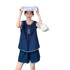 韩系简约撞色刺绣无袖背心短裤套装女2025夏季新款休闲显瘦两件套，女装套装/套裙，2C022