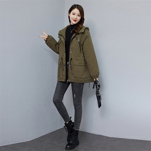 现货。时尚格子加绒加厚连帽保暖女派克服外套图片