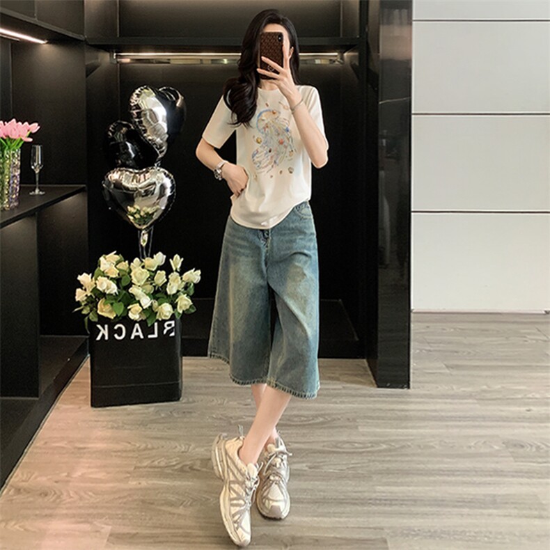 简约休闲时尚运动套装女夏新款圆领贝壳印花上衣宽松牛仔裤两件套,女装套装/套裙,江南