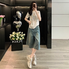 简约休闲时尚运动套装女夏新款圆领贝壳印花上衣宽松牛仔裤两件套，女装套装/套裙，江南