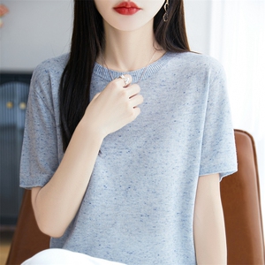 时尚精纺羊毛圆领点子纱短袖夏季薄款女宽松针织上衣t恤图片