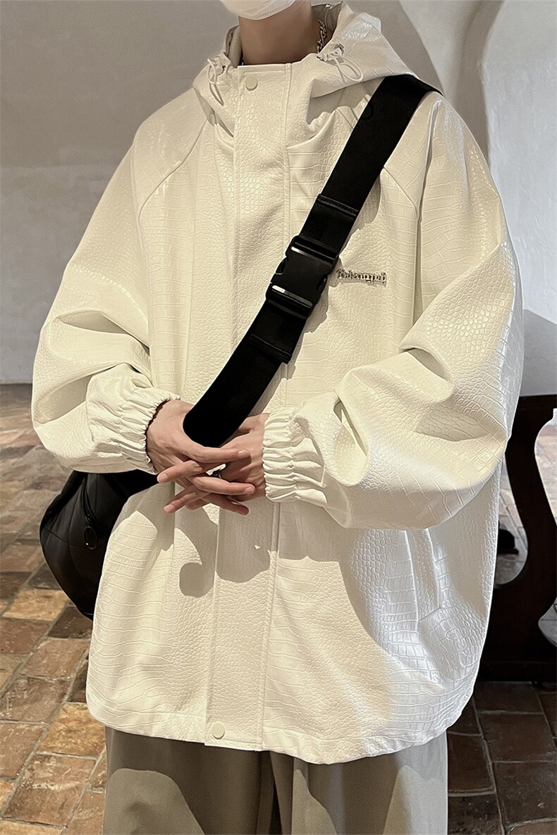 港风连帽鳄鱼纹PU皮衣大码M-5XL情侣冲锋衣夹克男JK8744P90控128,男装夹克,星座227-7