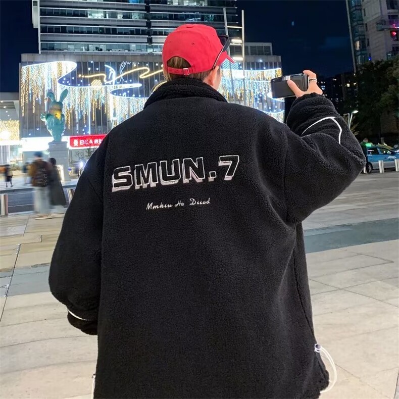 冬季港风宽松连帽服羊羔绒服男加厚保暖情侣装外套W6542-P58,男装棉衣,星座512-3