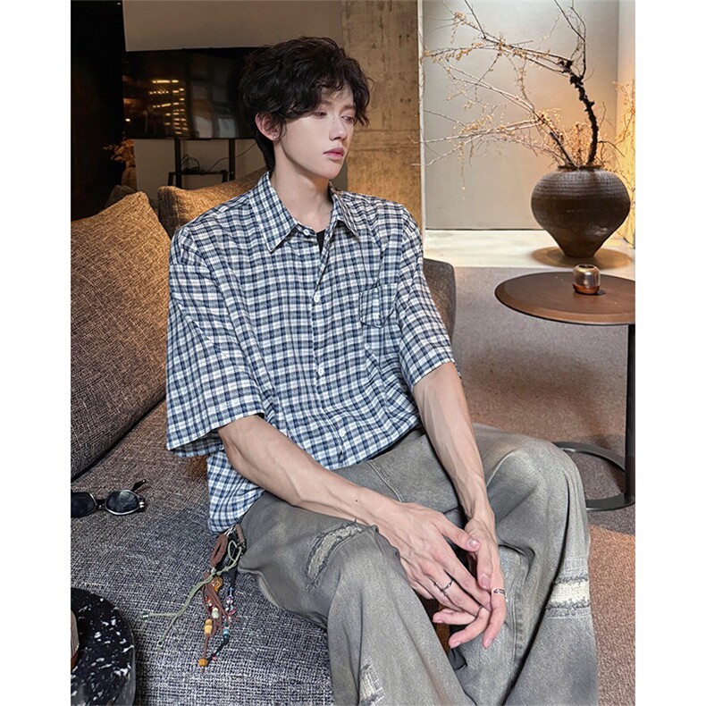 CS1151-特批40控78夏季新款男女格子短袖大码男衬衫（带配件）,男装T恤,电商A059