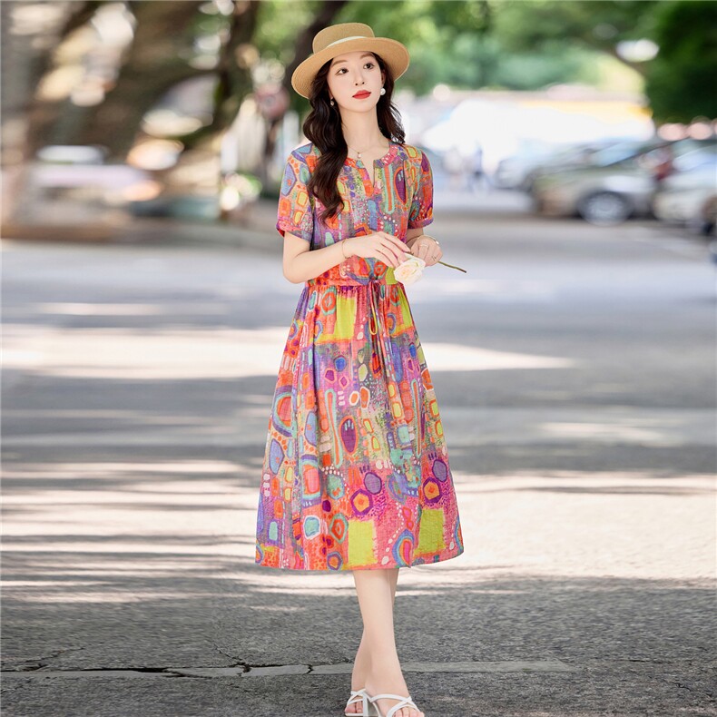夏日多巴胺甜美印花棉麻连衣裙女2026新款收腰显瘦度假风气质长裙,女装连衣裙,倪叶myz