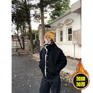 现货高品质美式高街重磅狼王座山雕毛毛领假两件棉衣加厚棉服外套图片