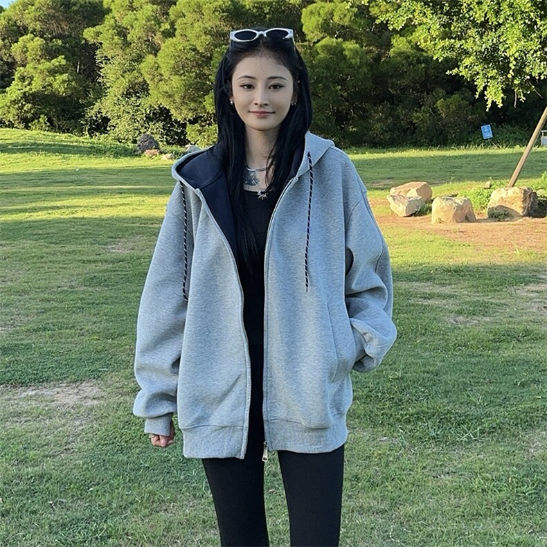 抖音得物二开美式高街重磅结构双层撞色连帽卫衣开衫外套W116,男装卫衣,电商A486