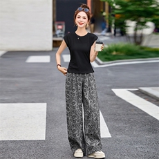 三件套2025夏季新款韩版宽松百搭T恤松紧腰提花阔腿裤女显瘦长裤，女装套装/套裙，跑量工厂店