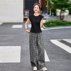 三件套2025夏季新款韩版宽松百搭T恤松紧腰提花阔腿裤女显瘦长裤图片