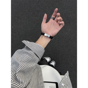 美式条纹衬衫男生春秋季中性风叠穿潮牌宽松大码翻领长袖衬衣外套图片
