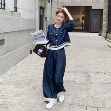 高级感穿搭复古牛仔套装女春秋2025新款超火好看夹克阔腿裤两件套，女装套装/套裙，2C010