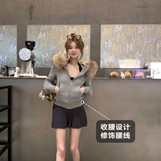 灰色美式复古毛领连帽卫衣外套女秋冬季2025新款显瘦上衣百搭开衫，女装短外套，星座218-8
