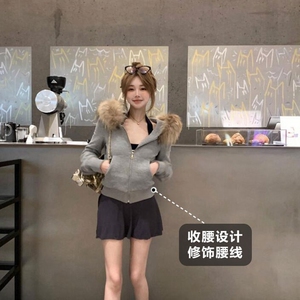 灰色美式复古毛领连帽卫衣外套女秋冬季2025新款显瘦上衣百搭开衫图片