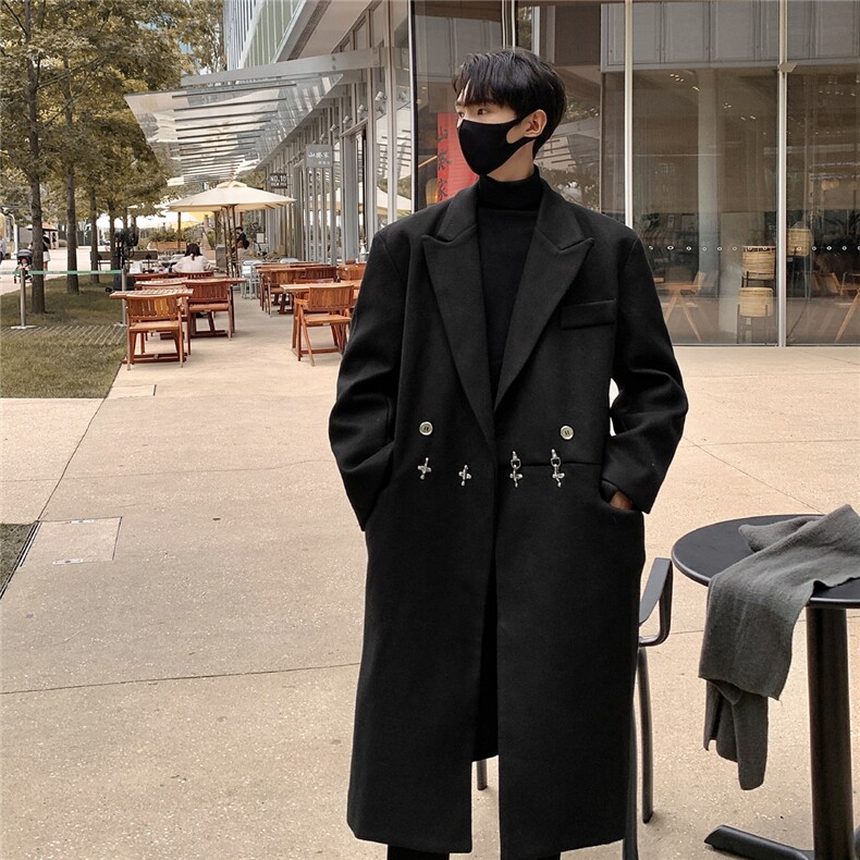 2025港风中长款英伦金属装饰毛呢风衣男聚酯纤维FY77072P138，男装风衣，星座227-7
