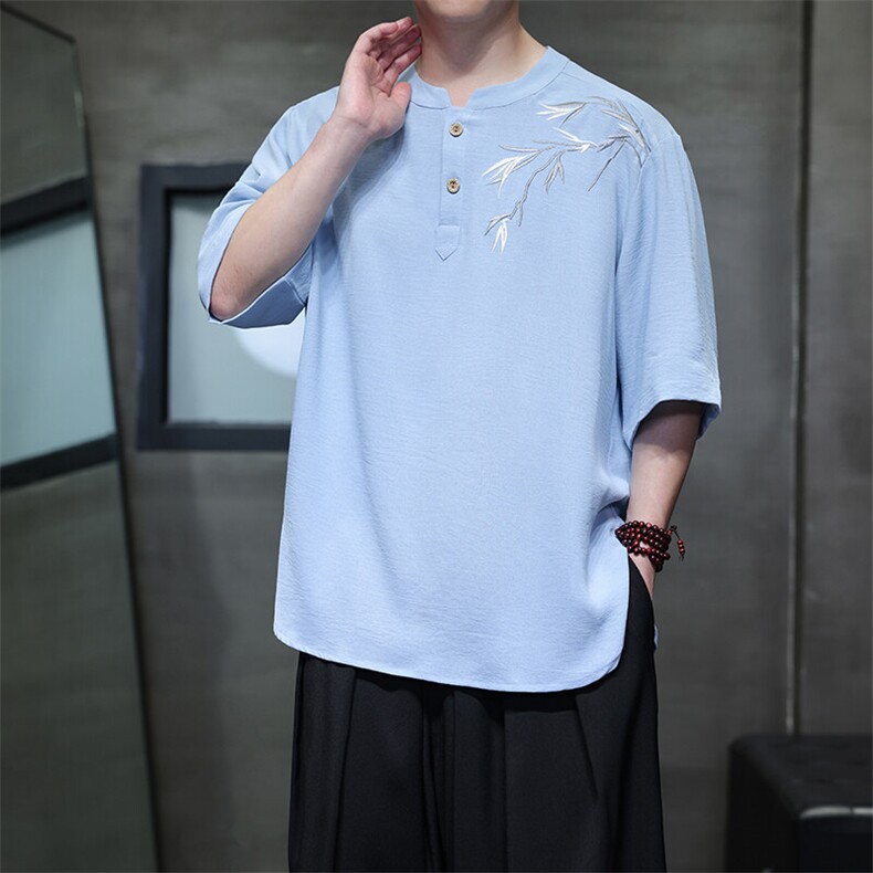 夏季冰丝立领短袖男风刺绣五分袖半袖新中式大码T恤男T812P55，男装T恤，电商A021A