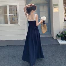 藏青色蕾丝拼接无袖吊带连衣裙女夏2025新款流行漂亮背心长裙爆款，女装连衣裙，2C167