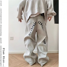 春季美式复古灰色百搭竖条纹字母印花宽松直筒牛仔裤男INS，男装牛仔裤，星座506A