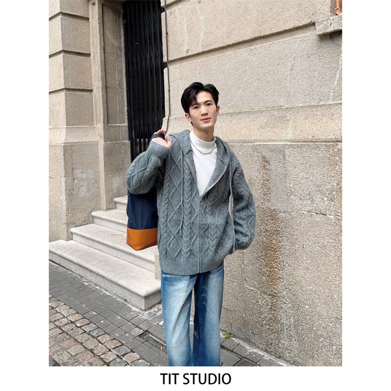 秋冬新款美式麻花纹理针织外套连帽慵懒风ins百搭拉链毛衣男，男装针织衫/毛衣，星座506A