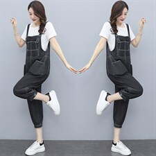 短袖牛仔背带裤套装女2023夏季新款女装韩版时尚休闲两件套套裤潮，女装套装/套裙，慧尚依恋