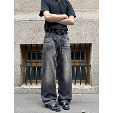 W9667-P58网图现货美式重工水洗泼墨破坏直筒牛仔裤，男装牛仔裤，星座1608-2