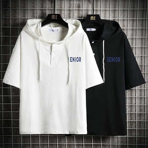 LD54120-P45 连帽短袖t恤男大码胖子带帽五分袖中袖 网格挂拍图片