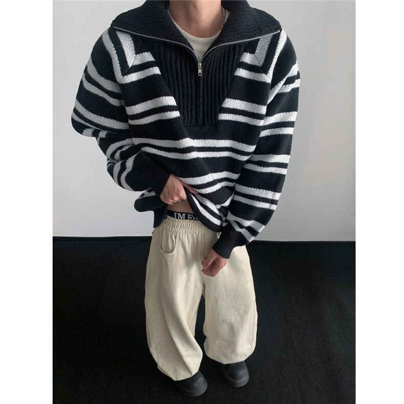 立领半拉链条纹毛衣男款秋冬季潮宽松休闲针织毛线衣M6005-特P50，男装针织衫/毛衣，电商A006