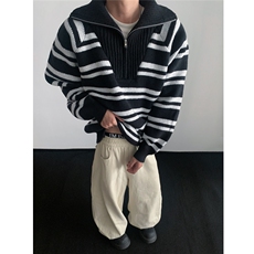 立领半拉链条纹毛衣男款秋冬季潮宽松休闲针织毛线衣M6005-特P50，男装针织衫/毛衣，电商A006