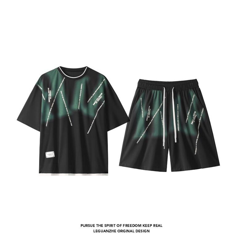 2025夏季新款港风白底大码冰丝印花短袖套装M-5XHQ24545-P70，男装休闲套装，电商A022