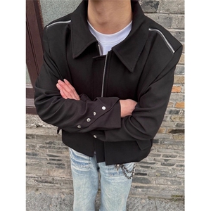 短款cleanfit垫肩外套男款秋拉链小众设计感翻领正肩夹克 JXZ126图片