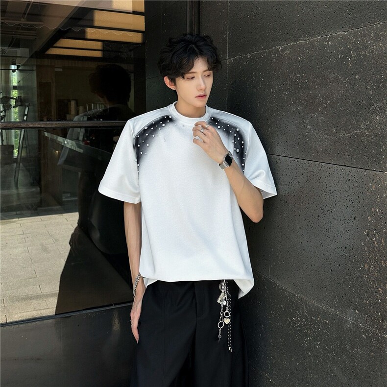 美式高级感喷绘珍珠男士个性圆领t恤夏季潮牌短袖cleanfit五分袖图片
