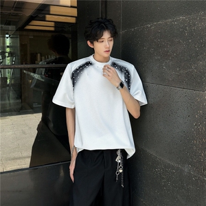 美式高级感喷绘珍珠男士个性圆领t恤夏季潮牌短袖cleanfit五分袖图片