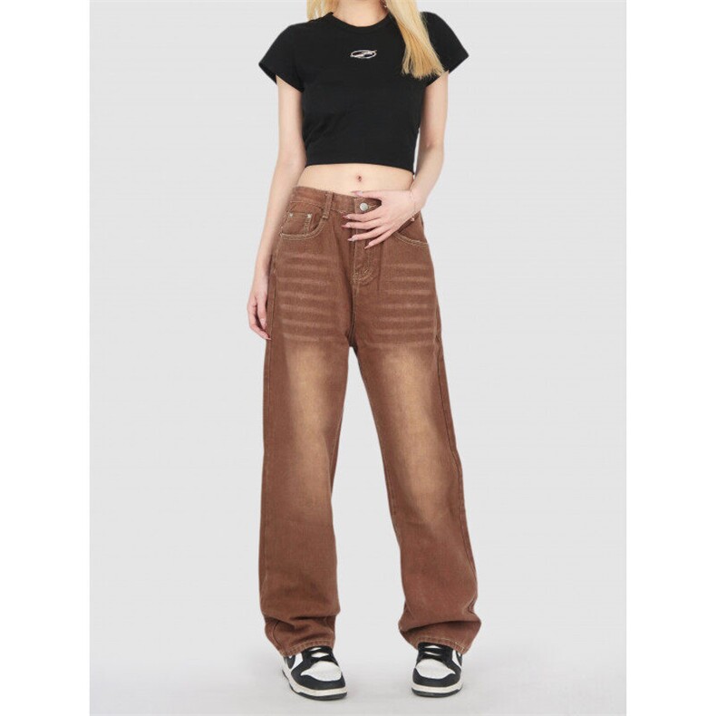 8793-P45复古牛仔裤女高街ins潮直筒休闲阔腿裤显瘦中性裤，男装牛仔裤，电商A306A