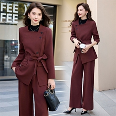 红职业套装女春秋新款时尚高端设计感方领西服阔腿裤两件套，女装套装/套裙，时尚俏佳人