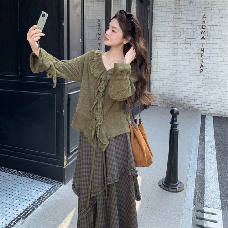 新品长袖上衣+不规则格子半身裙套装2C158-6039-P165-K268,女装套装/套裙,2C158