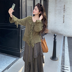 新品长袖上衣+不规则格子半身裙套装2C158-6039-P165-K268，女装套装/套裙，2C158