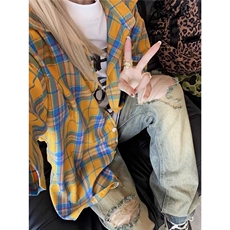 美式复古黄色格子短袖衬衫男vintage潮牌夏季薄款衬衣高级感外套，男装T恤，星座1210-1