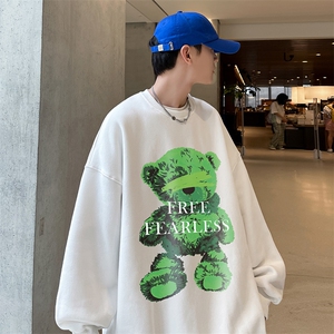 港风男装上衣男秋季潮流小熊印花百搭圆领卫衣A071-W566-P45,风衣搭配卫衣图图片