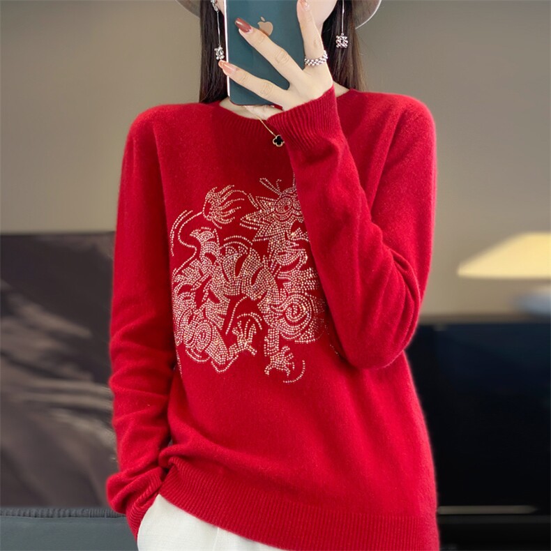 新年红半高领100%纯羊毛衫女镶钻圆领长袖毛衣宽松百搭羊绒打底衫,针织衫/毛衣,大美人包芯纱店