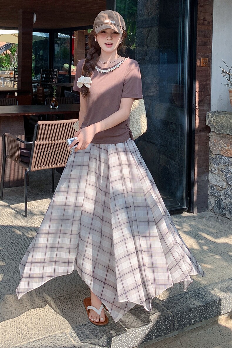 蕾丝拼接短袖t恤套装裙女夏新款设计感不规则格子半身裙两件套,女装套装/套裙,浙宝305
