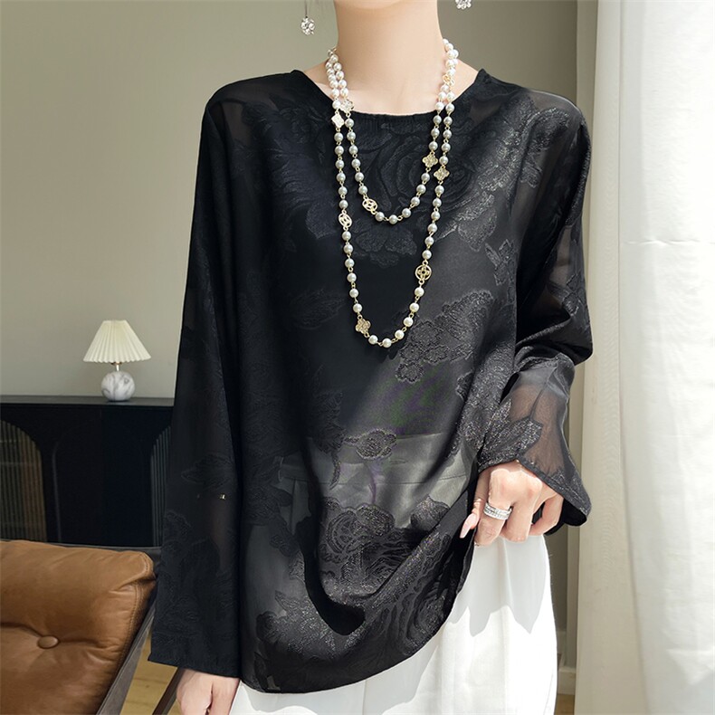 时尚中式缎面小衫防晒衫女长袖提花罩衫薄款上衣空调衫夏季慵懒风，女装蕾丝衫/雪纺衫，羊特美羊绒