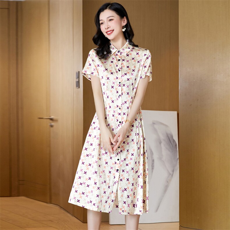 杭州重磅真丝桑蚕丝连衣裙女高端大牌2025新款夏季碎花妈妈衬衫裙,女装连衣裙,阿舍尔精品