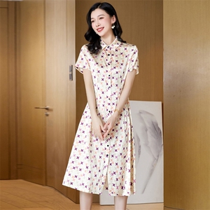 杭州重磅真丝桑蚕丝连衣裙女高端大牌2025新款夏季碎花妈妈衬衫裙图片