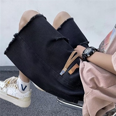 美式黄泥毛边破洞牛仔短裤男夏季潮牌直筒宽松高街五分裤WD58-P37，男装牛仔裤，星座1008