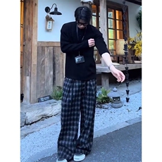 简约潮流流行百搭新款文艺慵懒时尚原宿日系全松紧腰格子裤ins，男装休闲裤，星座506A