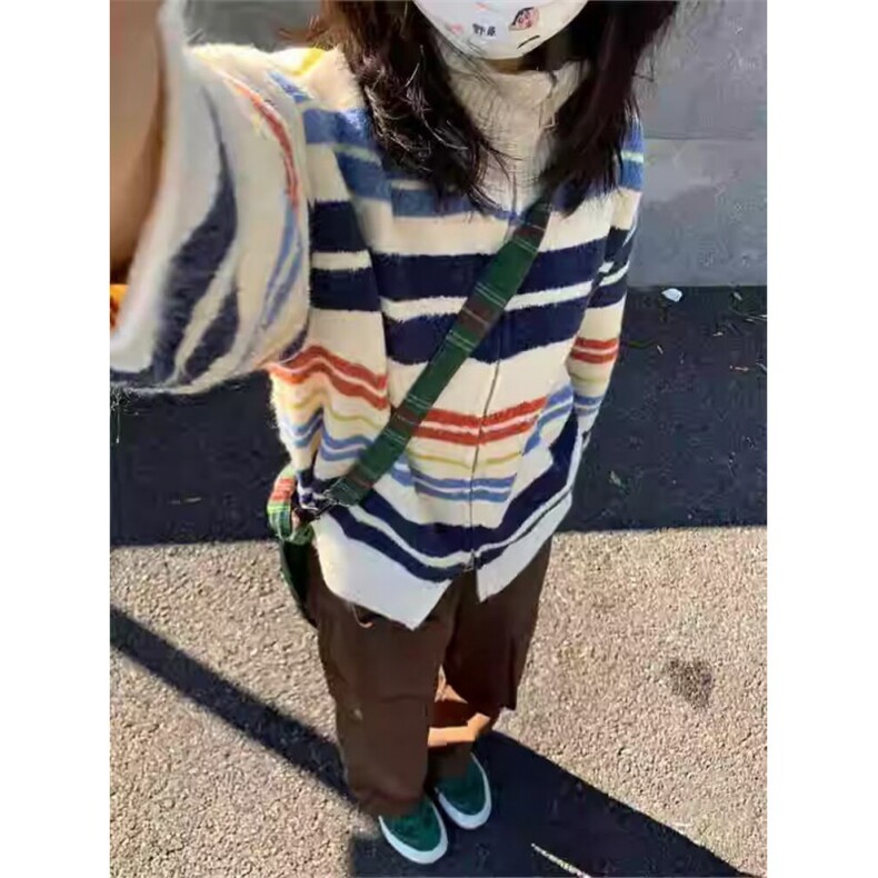 2025冬季拉链翻领羊毛开衫女宽松软糯撞色条纹毛衣外套针织衫休闲,男装针织衫/毛衣,星座506A