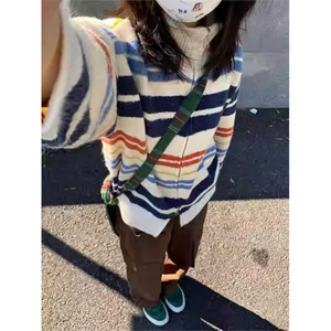 2025冬季拉链翻领羊毛开衫女宽松软糯撞色条纹毛衣外套针织衫休闲,深咖色可爱连衣裙搭配图片